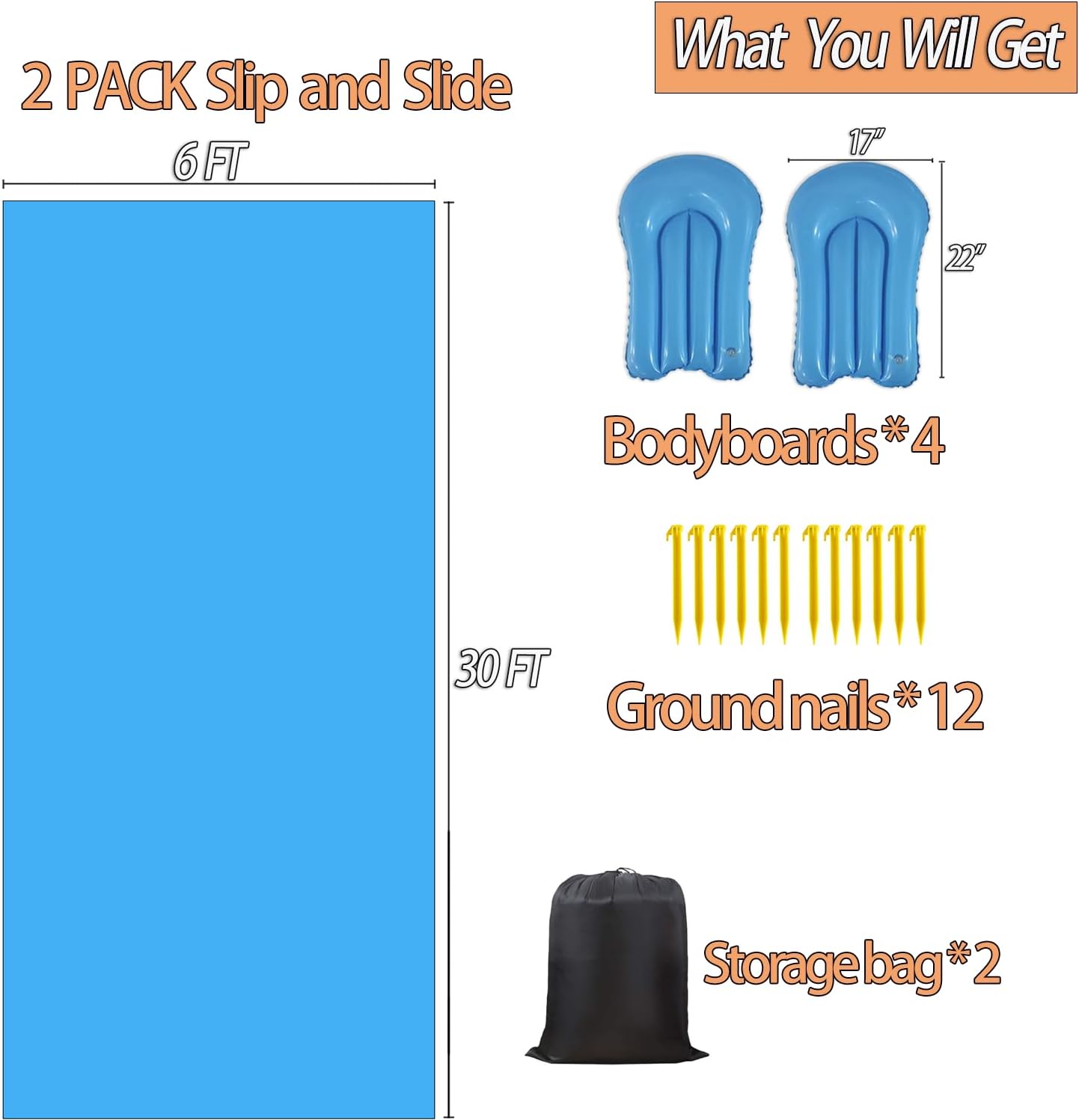 Ahpuhtan 2 Pack 30 x 6Ft Slip and Slide for Adults with 2 Bodyboards, Extra Long Heavy Duty Slip n Slide Backyard, Lawn Big Water Slide Tarp for Adults