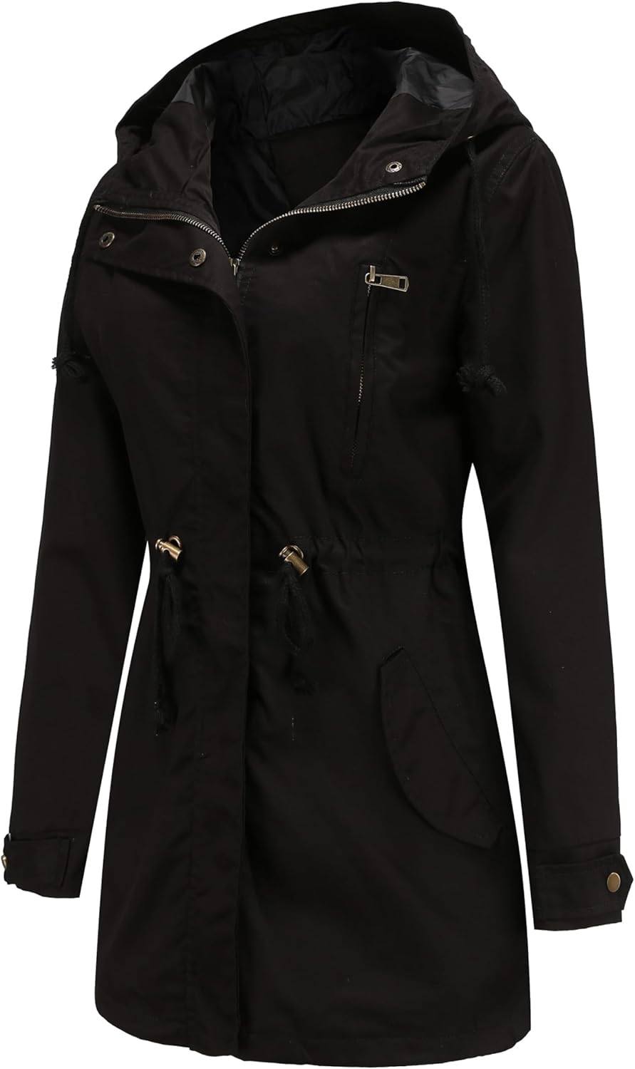 Women Trench Coat Windbreaker Zip Up Jacket With Pockets Casual Long Sleeve Outwear with Waist Drawstring - Image 5