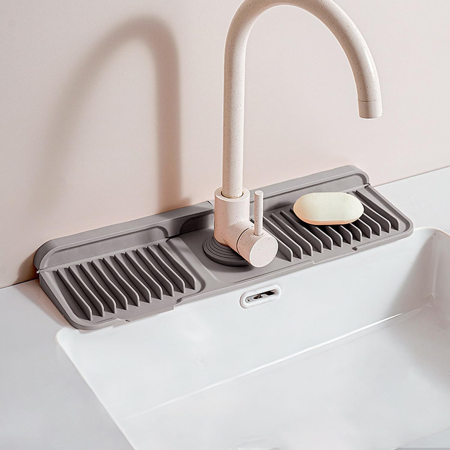 Longer Silicone Faucet Mat For Kitchen Sink7Slope Quick-Self-Draining With Soap Holder,Snap-On Design,Suitable For Tidy Individuals,Renters,Store Cups Upside Down For Draining