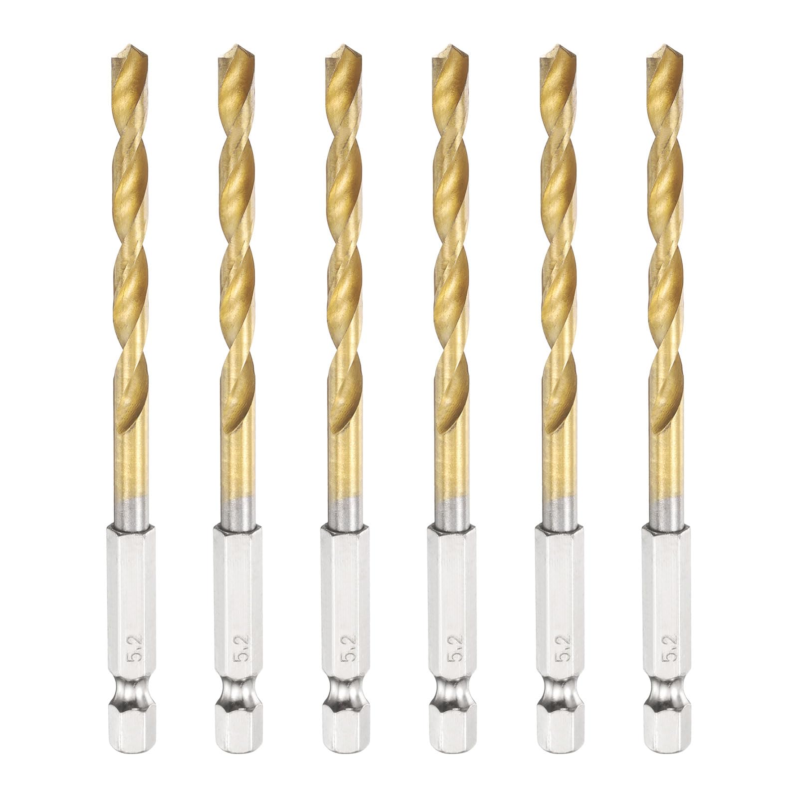 sourcing map 6pcs 1/4" Hex Shank Titanium Twist Drill Bit 5.2mm Drilling Dia 105mm Length High Speed Steel Drills for Hardened Metal, Stainless Steel, Cast Iron, Wood, Plastic