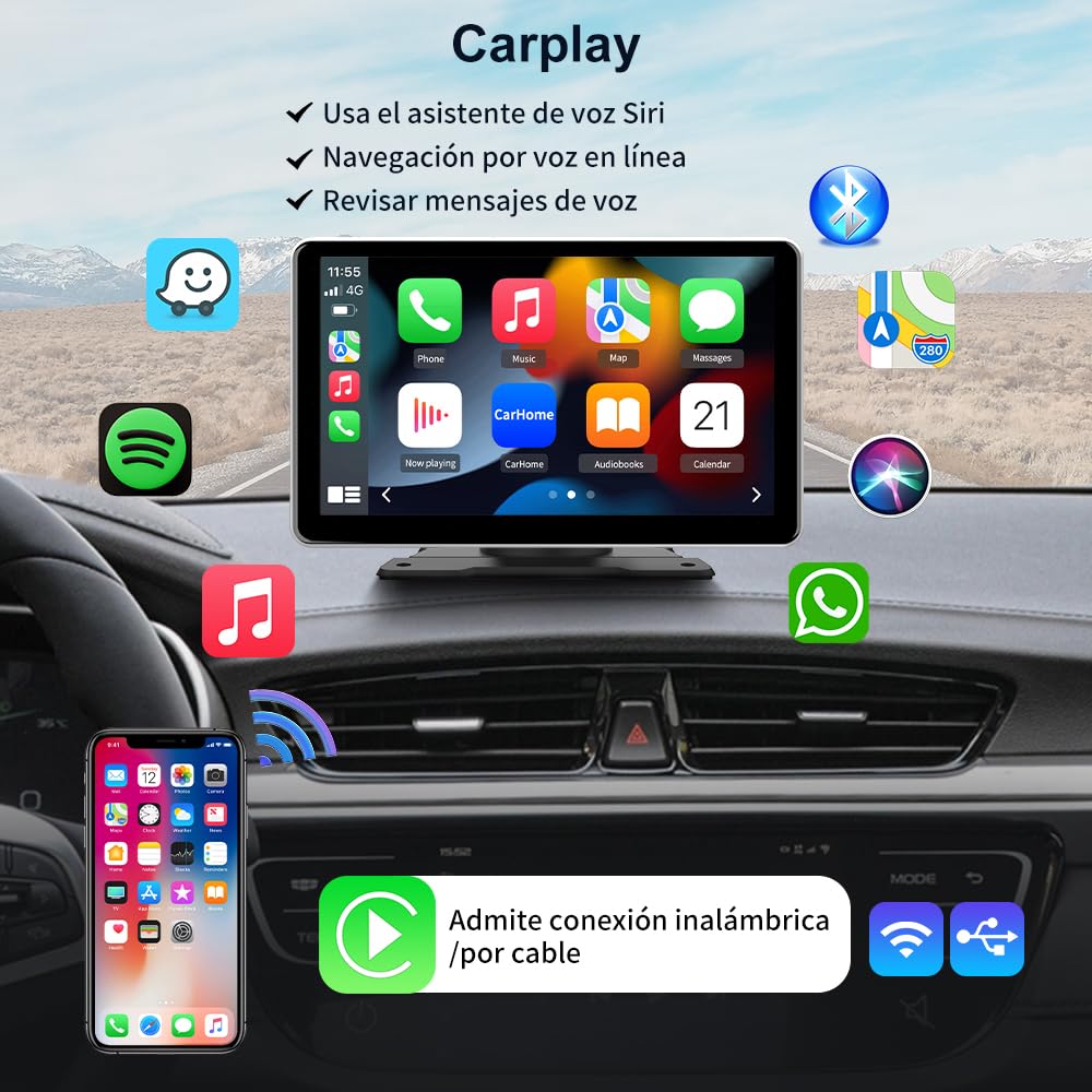 AWESAFE Pantalla 9” de CarPlay/Android Auto/Mirror Link Inalámbrico, Radio Portátil para Coche, Admite Bluetooth/Siri/USB/TF/AUX