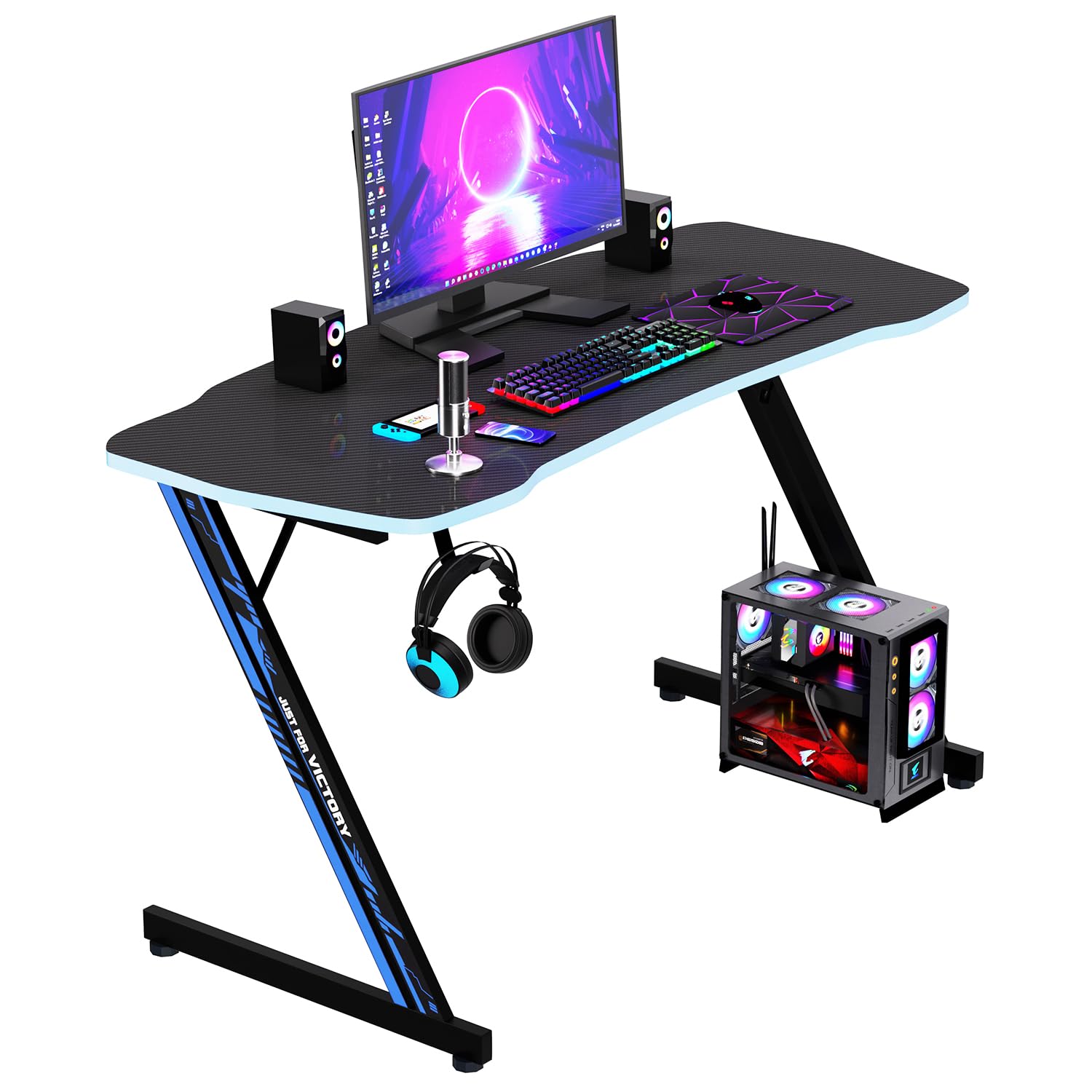 Ruesleag 47 Inch Gaming Desk Z-Shaped Computer Desk Ergonomic Home Office Desk PC Workstation Modern Simple Study Table w/Headphone Hook Adjustable