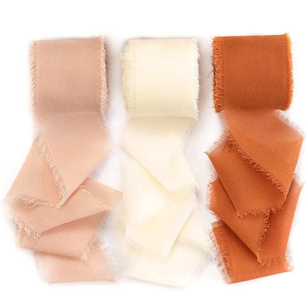 3 Rolls Handmade Fringe Chiffon Silk Ribbon, Terracotta Ribbons Set, Frayed Edge Ribbon, Fringe Fabric Ribbons for Wedding Invitations, Bridal Bouquets, Gifts Wrapping, DIY Crafts (1.5Inch x 7Yd)