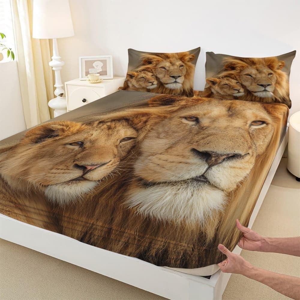 Drap Housse 200x200 cm Grand Bonnet 30 cm - Lion D'Afrique PèRe Et Fils Linge de Lit 2 Personnes Doux et Confortable en Microfibre - Lot de 3 Draps Housses Brun avec 2 Taie d'oreiller