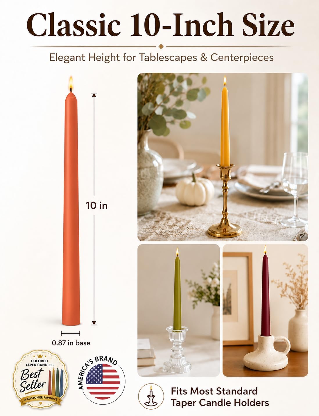 Fall Taper Candles, 10 Inch Unscented Autumn Dinner Candles