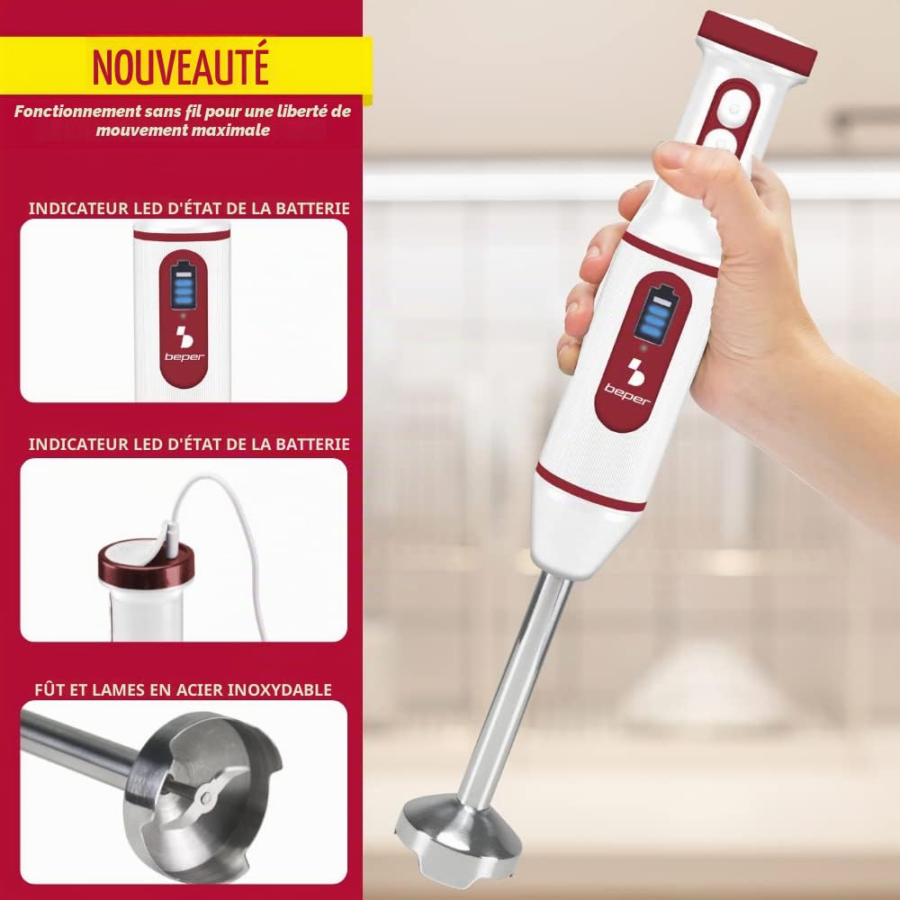 BEPER P102FRU300 Mélangeur à immersion sans fil, rechargeable par USB - Mixeur miniature, multifonctionnel