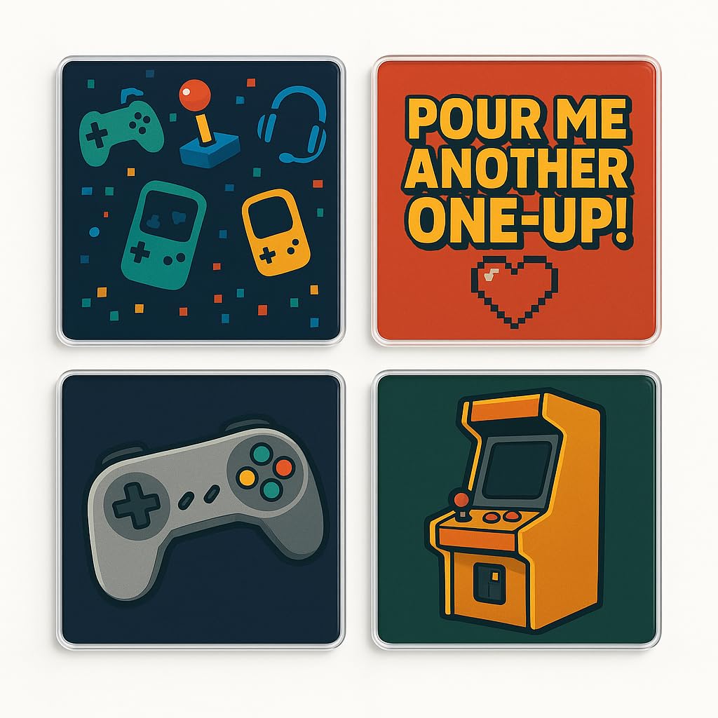 The Plum Penguin Boys Gamers Toast Quest Acrylic Coaster Set Of 4 For Gamers - Cheeky Retro Design Gift Pack For Man Cave Or Home Bar