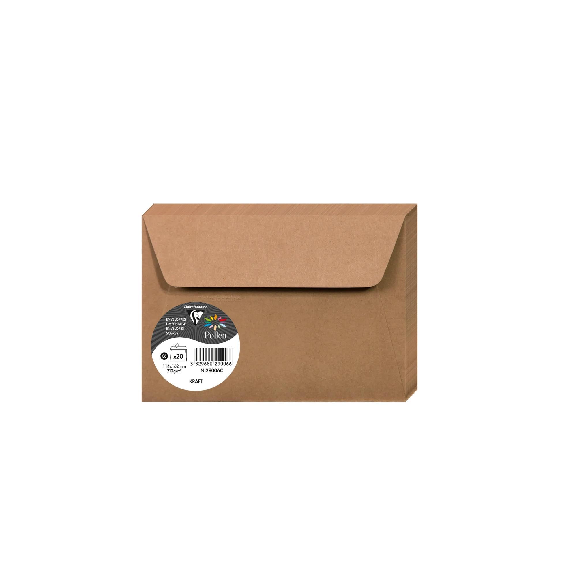 Clairefontaine Enveloppes C6 Kraft 120g Auto-​Adhésives Lot 20 – Format standard 11,​4 x 16,​2 cm, Papier Lisse, Invitation Mariage, Faire-​Part, Cartes & Correspondance – Pollen – Réf. 29006C