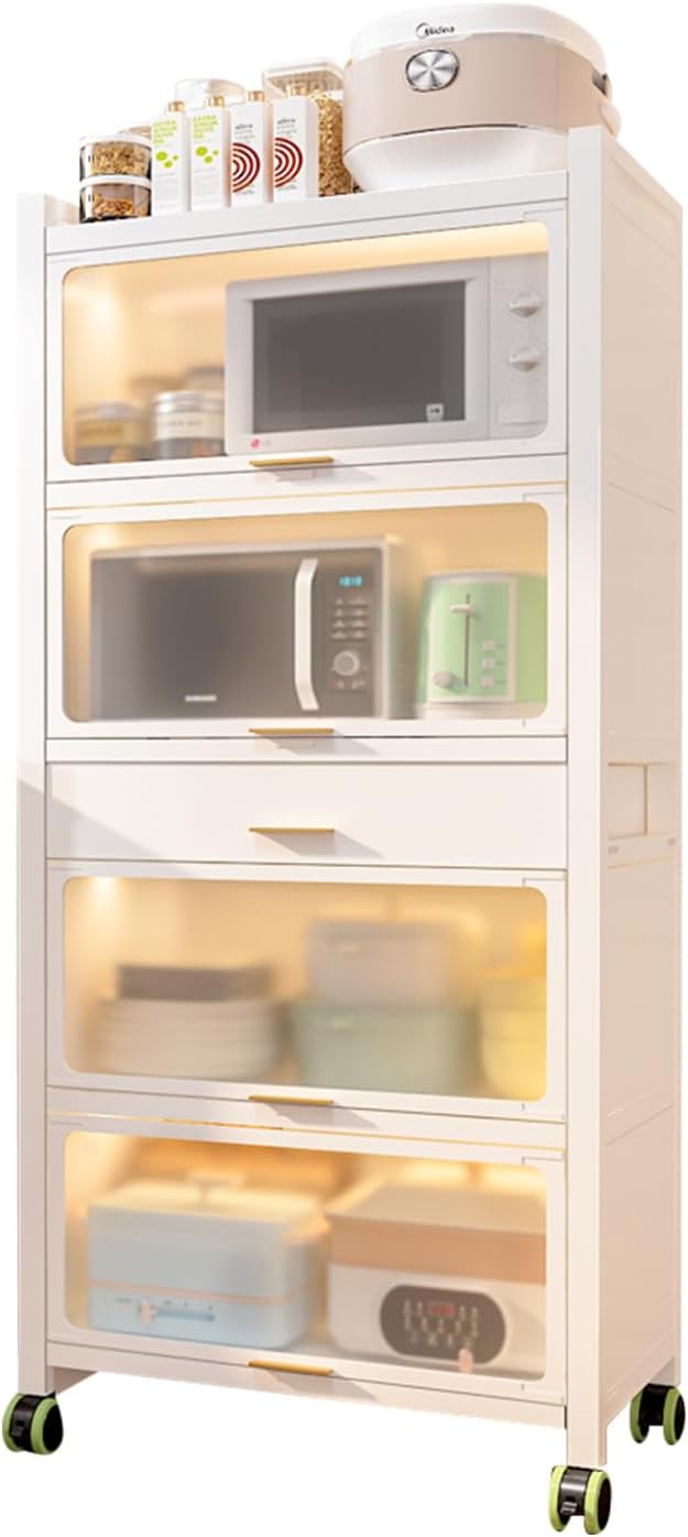 Fashionwu Kitchen Pantry Cabinet, 5 Tiers Freestanding Buffet Cupboards Sideboard with Brakeable Casters, Kitchen Pantry Storage Cabinet for Kitchen, Living Room and Dinning Room