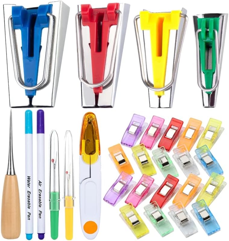 KAOBUY 30Pcs Sewing Tools Sets Sewing Clips Fabric Bias Tape MakersSewing Awl Thread Cutter Water Erase Pen DIY Patchwork Tools
