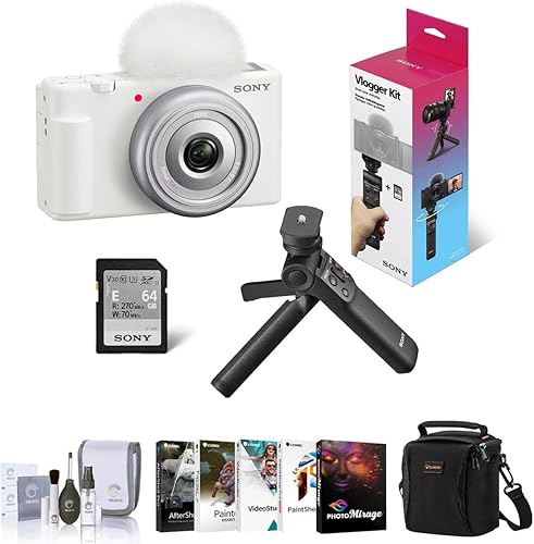 Sony Cámara de vlogging ZV-1F, paquete blanco con kit de accesorios para vlogger ACCVC1, kit de software Corel para PC, bolsa de hombro, kit de