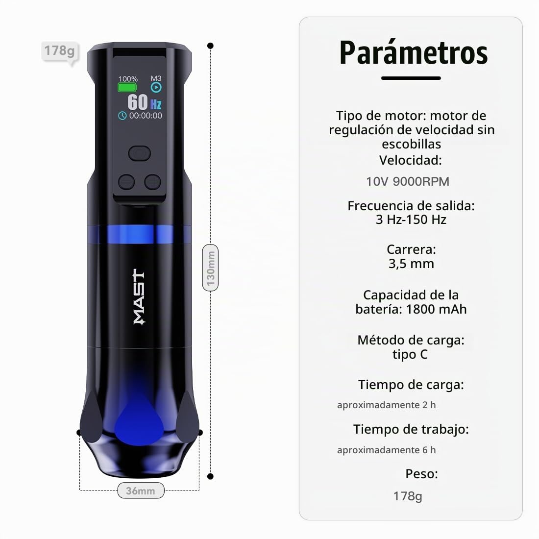 Mast Hertz máquina tatuaje Wireless Tattoo Pen Machine Rotary Tattoo Gun Adjustable Frequency 3HZ-150HZ Brushless Motor 3.5mm Stroke 1800mAh Battery LCD Display for Tattoo Artists
