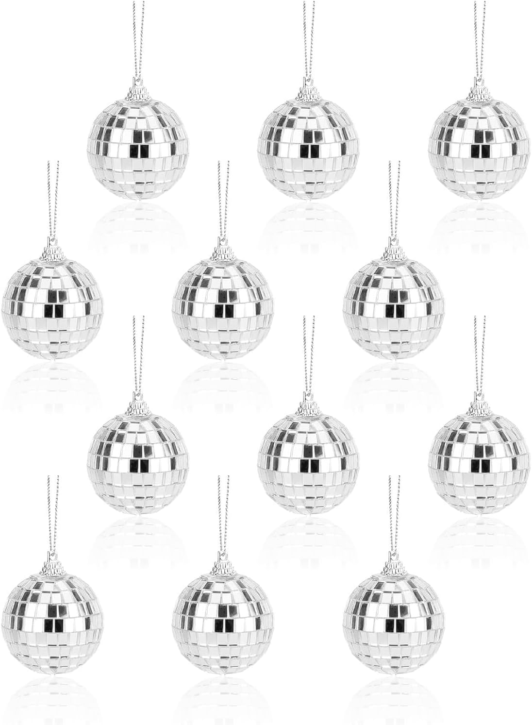 12pc-Silver Disco Mirror Ball for Party Decoration, Christmas Tree Wedding Birthday Party Ornaments (1.18 inch)