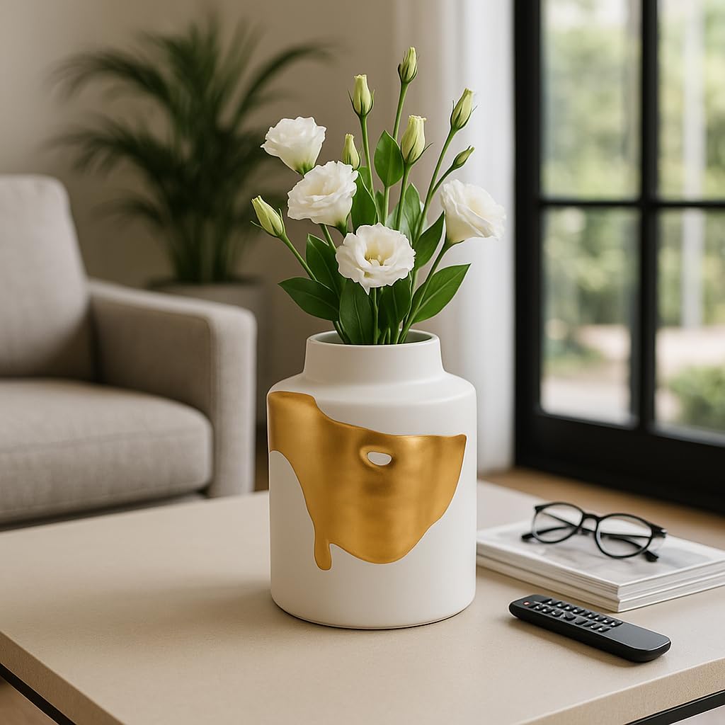 Bold Artistic Vase for Living Room Decor - Stylish Flower Vase for Bedroom Styling, Entryway, or Home Decor - Contemporary Elegant House Decor Vase for Office and Coffee Table Decor - 10" White & Gold