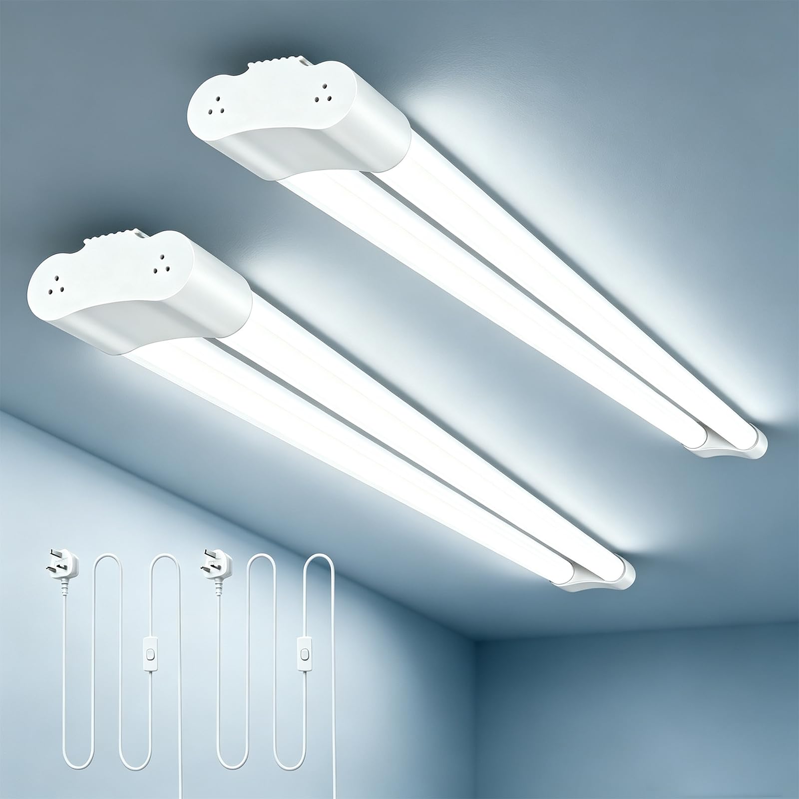 Viugreum 4FT LED Batten Light with Chain 2 Pcs, Waterproof Plug in Ceiling Lights, 5000K T8 Strip Light 42W 5000 Lumen Shed Lights, 1.5M Cable with Switch for Garage Loft Workshop Office Warehouse