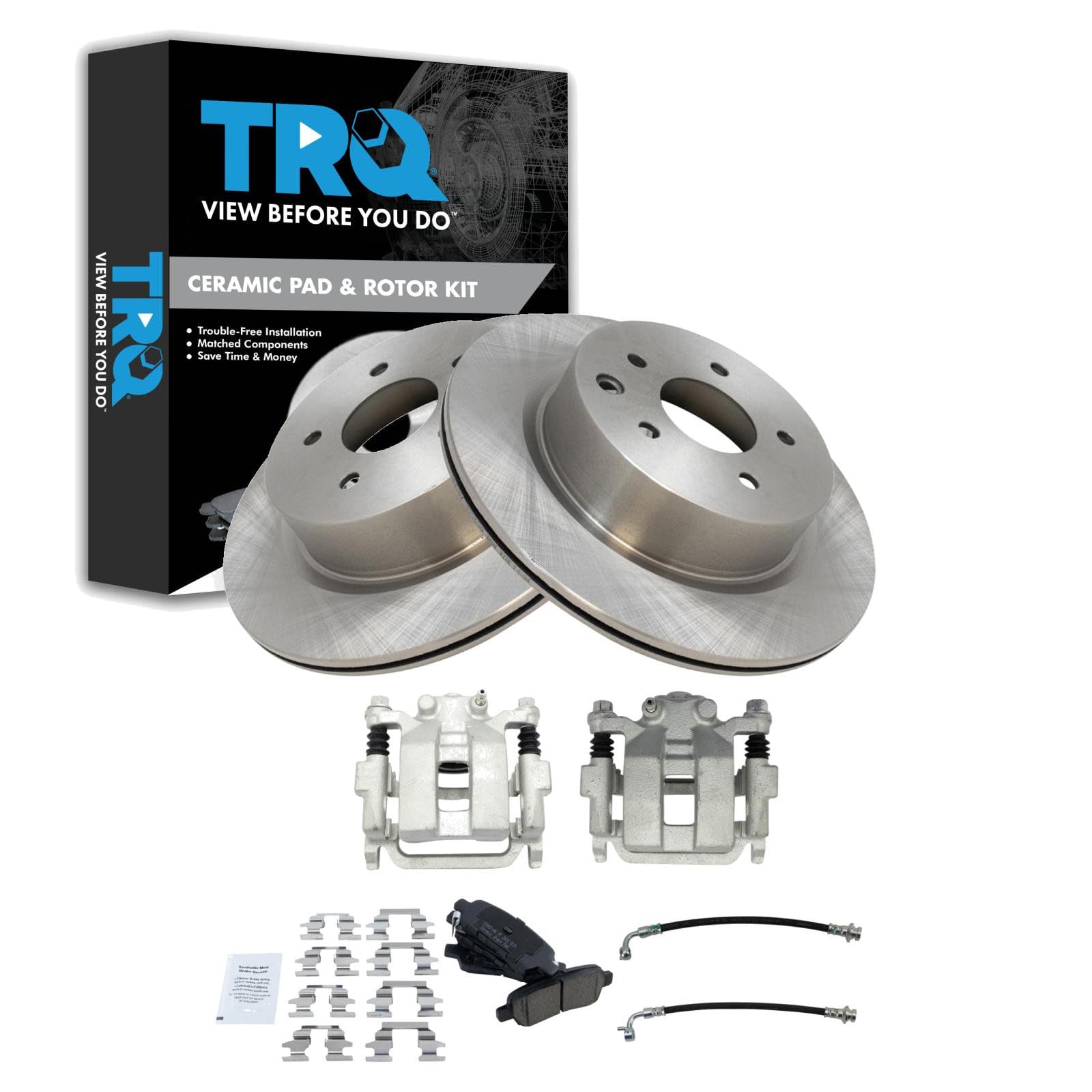 TRQ Rear Brake Pad and Rotor Set Ceramic Rotors Calipers Compatible with 2006-2009 Infiniti M35 M45