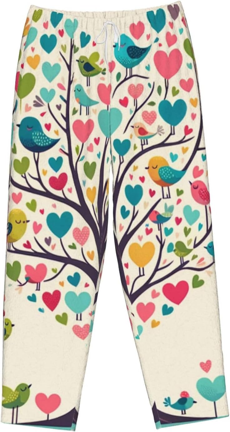 Women'S Love-Tree-Birds Fleece Pajama Pants, Cozy Flannel Lounge Bottoms For Women