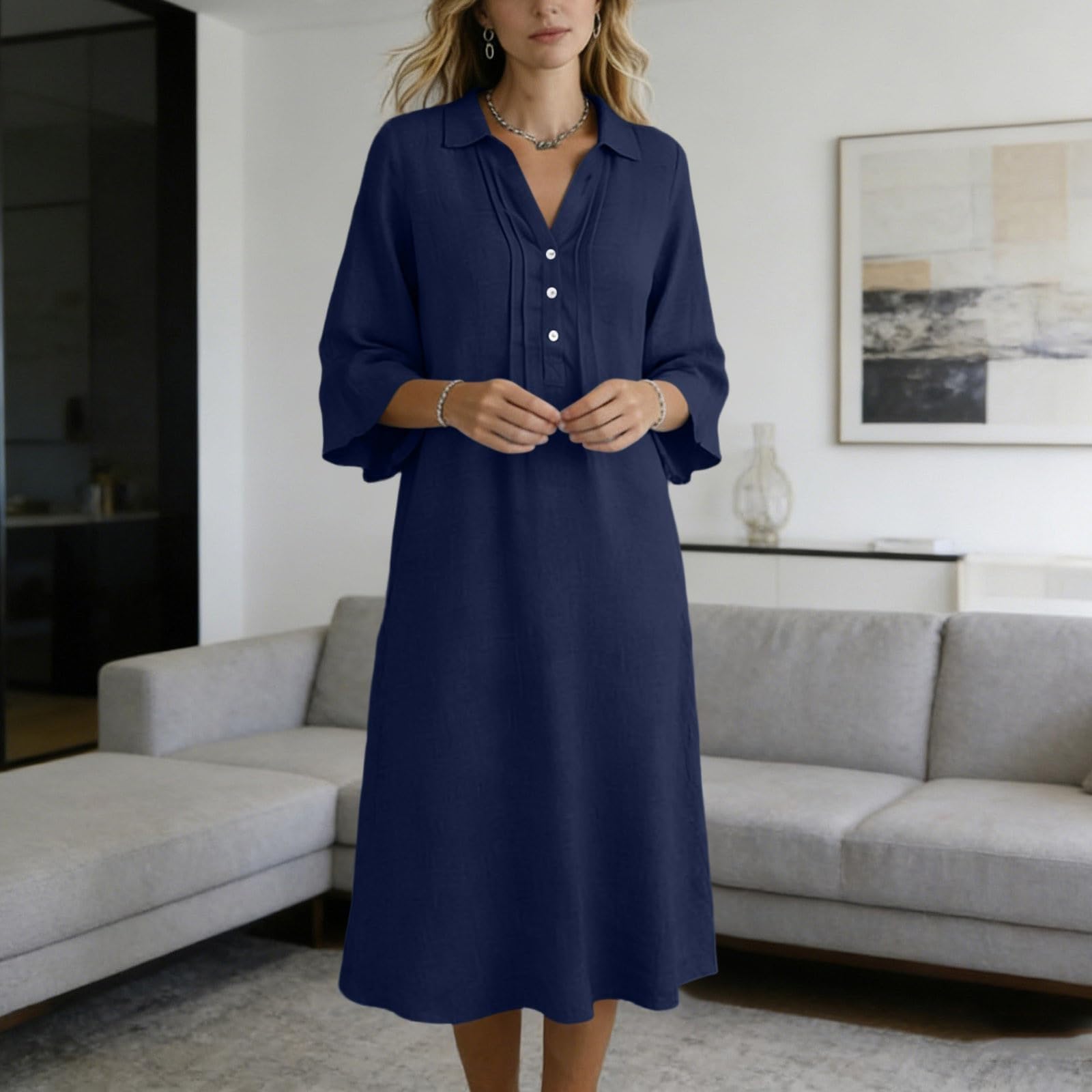 2026 Chemise décontractée à col cranté Manches Trois-Quarts Boutons Devant d'été Unie pour Femme Parfaite Quotidien idéale pour Les Vacances et Le Bureau