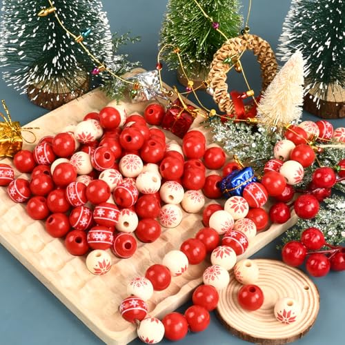Weihnachten Holzperlen, 120pcs Weihnachten Hölzerne Perlen, Weihnachtsperlen, Bunt Weihnachten Holzperlen, Rot Weihnachten Holzperlen, für DIY Weihnachtsbaum Dekoration, DIY Armbänder