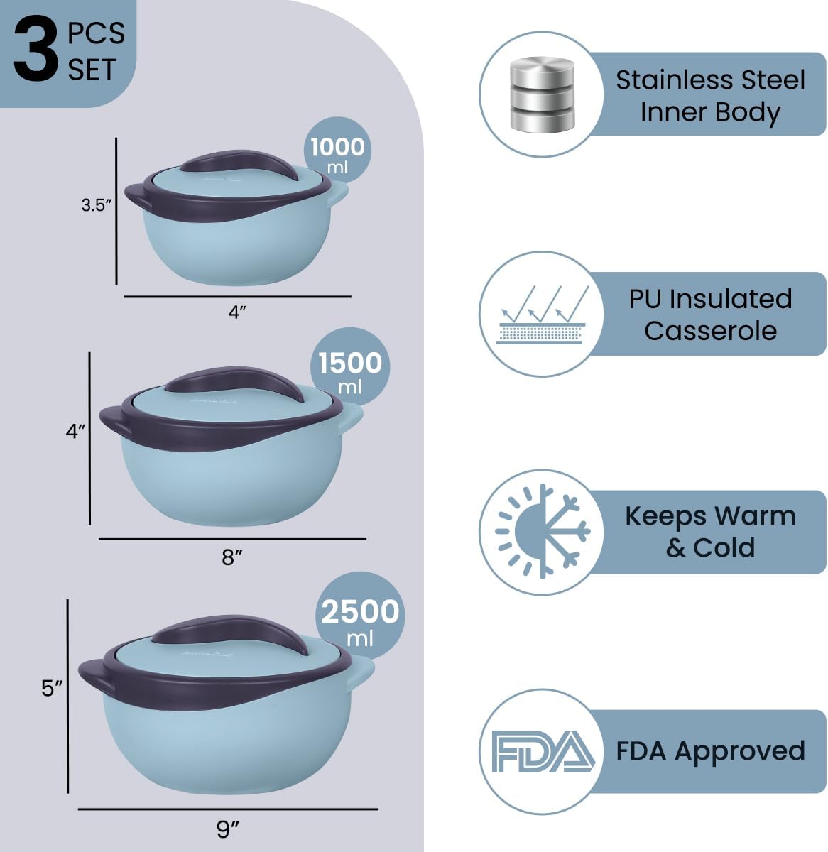 Pinnacle Insulated Casserole Dish with Lid 3 pc. Set 2.6/1.5/1 qt. Hot Pot Food Warmer/Cooler –Thermal Soup/Salad Serving Bowl- Stainless Steel Hot Food Container–Best Gift Set for Moms –Holidays