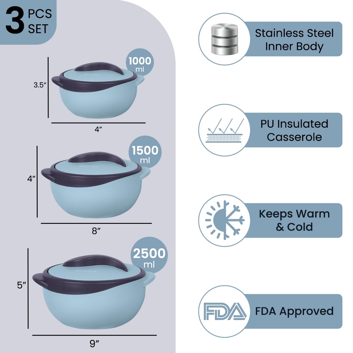 Pinnacle - Casseruola isolata con coperchio, set da 3 pezzi, 2,6/1,5/1 qt. Scaldavivande termiche per zuppa/insalata, contenitore per alimenti caldi in acciaio inox, set regalo per mamme - Vacanze