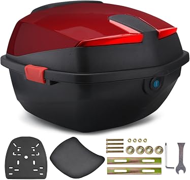35L Motorcycle Top Case, Scooter Tour Tail Box Trunk Luggage Box with Security Lock, Storage Carrier Case with Mounting Hardware, Motorcycle Trunk Can Store Helmet,Dark red