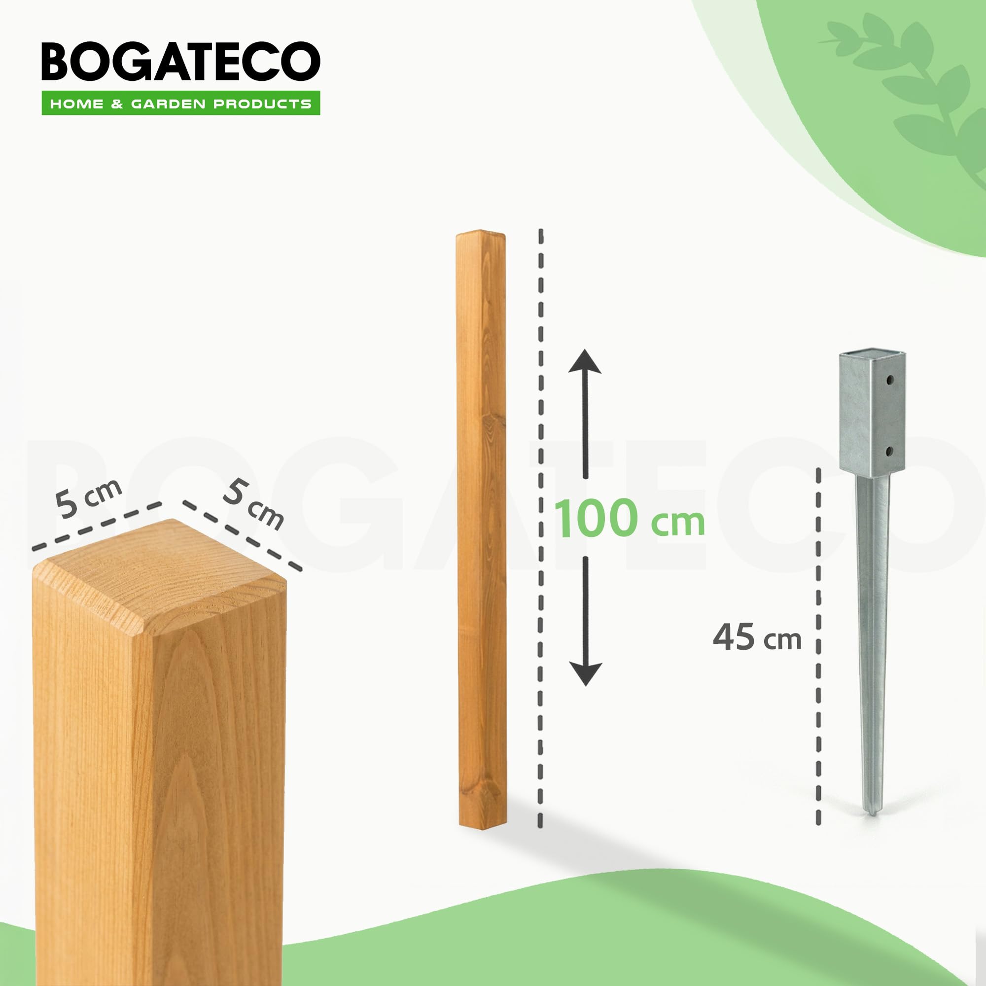 BOGATECO Lot de 6 poteaux de clôture en bois imprégné - 100 x 5 x 5 cm - Poteaux carrés avec tête plate - Avec manchon de sol à enfoncement - Bois équarri - Marron clair