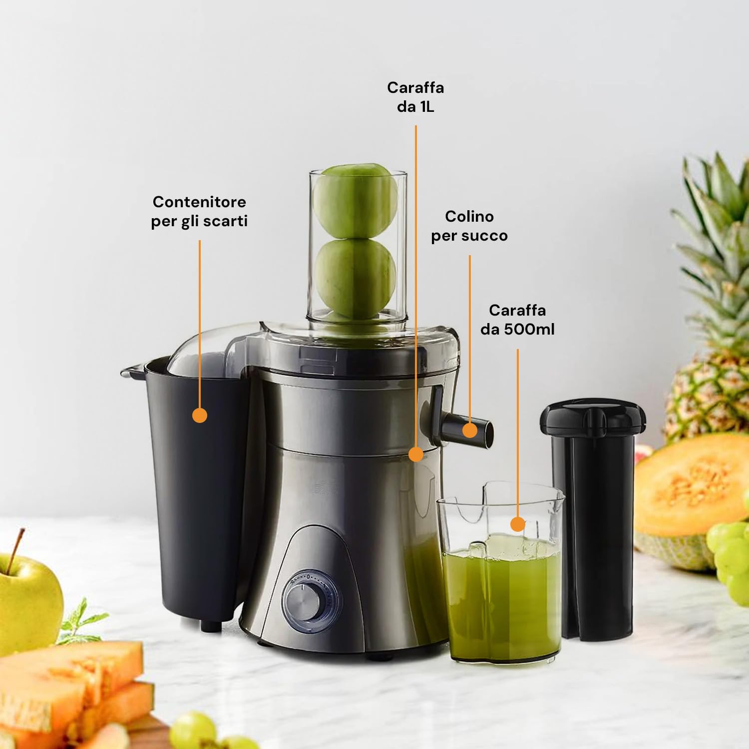 Avilia Estrattore Elettrico 800W con 2 Velocità e Modalità Turbo - Potente e Versatile per Succhi Freschi | Incluse Caraffe da 500ml e 1,5L Contenitore Rifiuti 1.5L