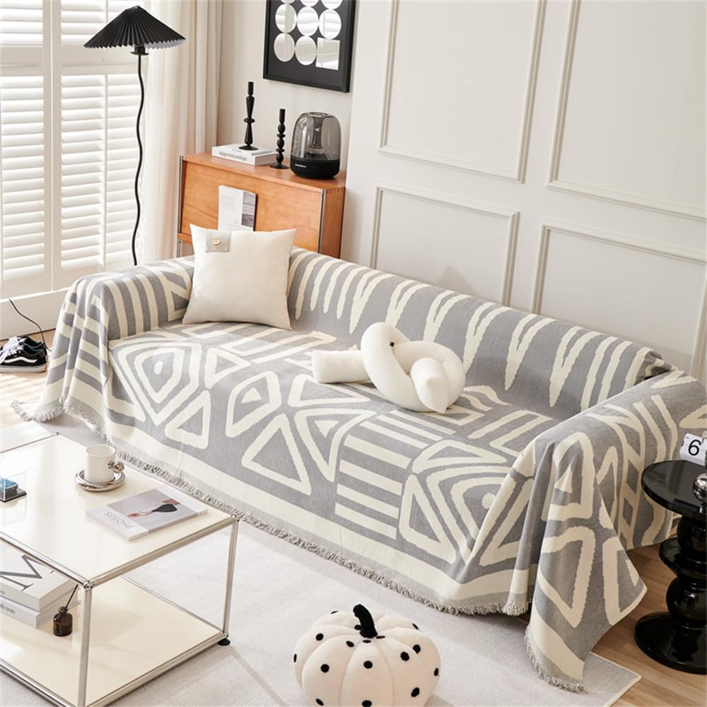 Fansu Funda de sofá Toalla, Multiusos Manta Sofa Plaid para Cama Funda Protectora de Sofás Toalla Cubre Sofà Cubierta de Sofá Cuatro Estaciones para Hogar, Oficina (180x420cm,Gris Bohemio)