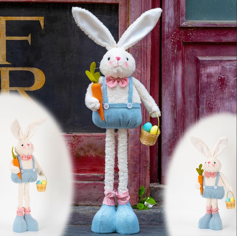 unanscre Large Easter Bunny Gnome Plush Decoration - Standing Rabbit Gnome Stuffed w/Retractable Spring Leg(20’’-30’’) Handmade Hold Easter Eggs Basket & Carrot Doll for Home Ornament Farmhouse Decor