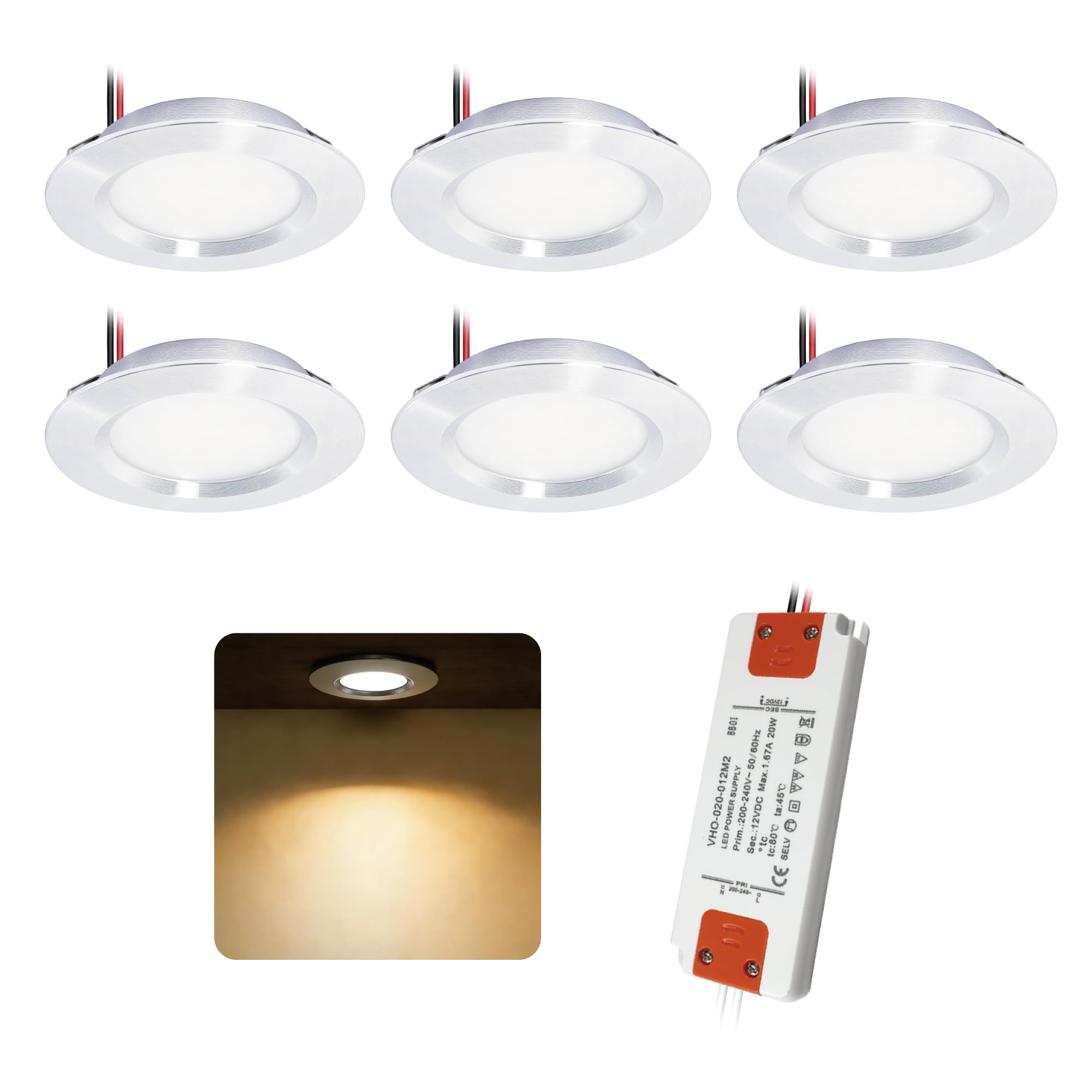 Lot de 6 Spot LED Encastrable Extra Plat 3W 12V, Plafonnier Salle de Bain avec Transformateur 230V, Trou 55-58mm, Argenté Blanc Chaud