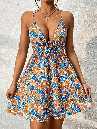 MakeMeChic Women's Boho Floral Cami Dress Sleeveless V Neck Cut Out Short A Line Summer Dress3