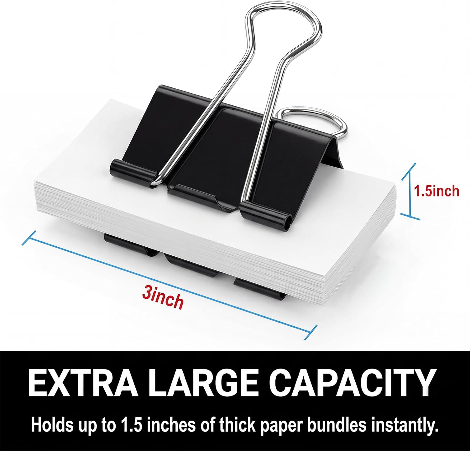 32 Pack 3 Inch Jumbo Binder Clips, Heavy Duty Big Metal Paper Clamps, Extra Large Foldback Clips for Thick Papers, Files and Office Desk Supplies