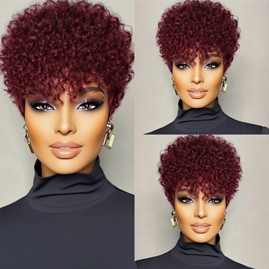 Perruque courte rouge vin frange soignée contre cheveux plats - 3