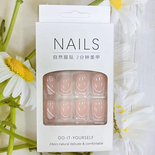 Miniatura 158 de 24 uñas postizas cuadradas medianas con punta francesa a presión, pegamento brillante en las uñas, uñas postizas de cobertura completa con diamantes