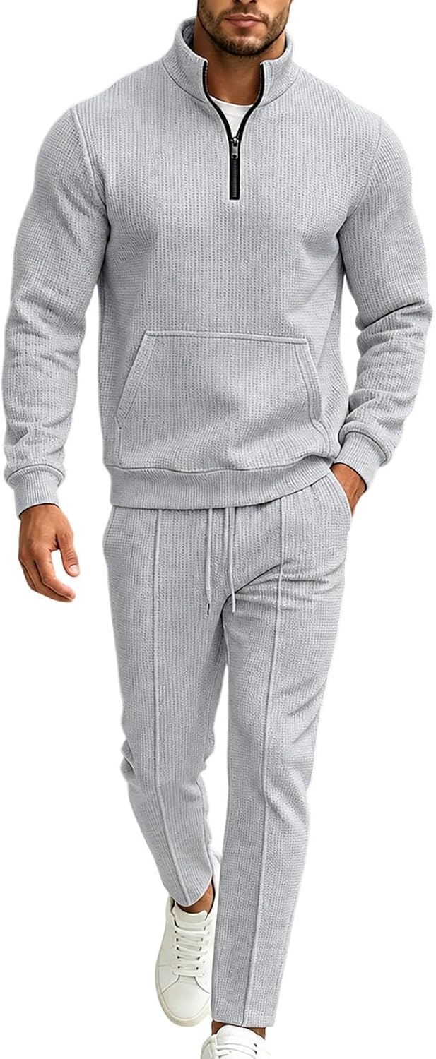 Men's Waffle Knit Quarter Zip Set Jogger Pants Casual Tracksuit