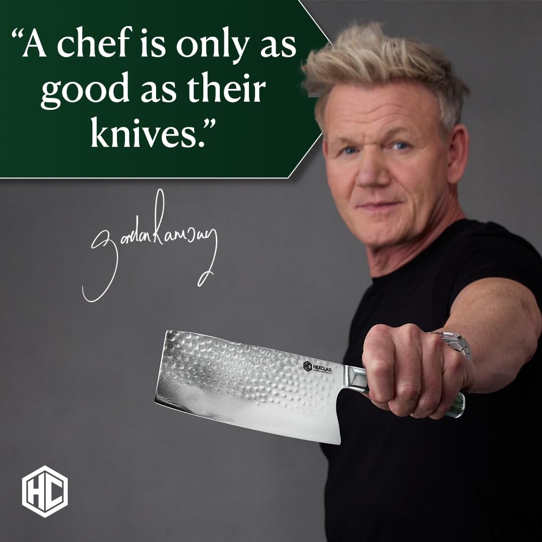 HexClad Coltello mannaia, lama giapponese in acciaio inox damasco da 18 cm, costruzione a tutto codolo, manico in legno pakkawood
