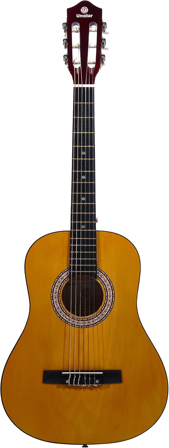 Another front view of the Unistar L-300-36-N 36-inch Classic Guitar, showcasing the rosette around the soundhole and the bridge.