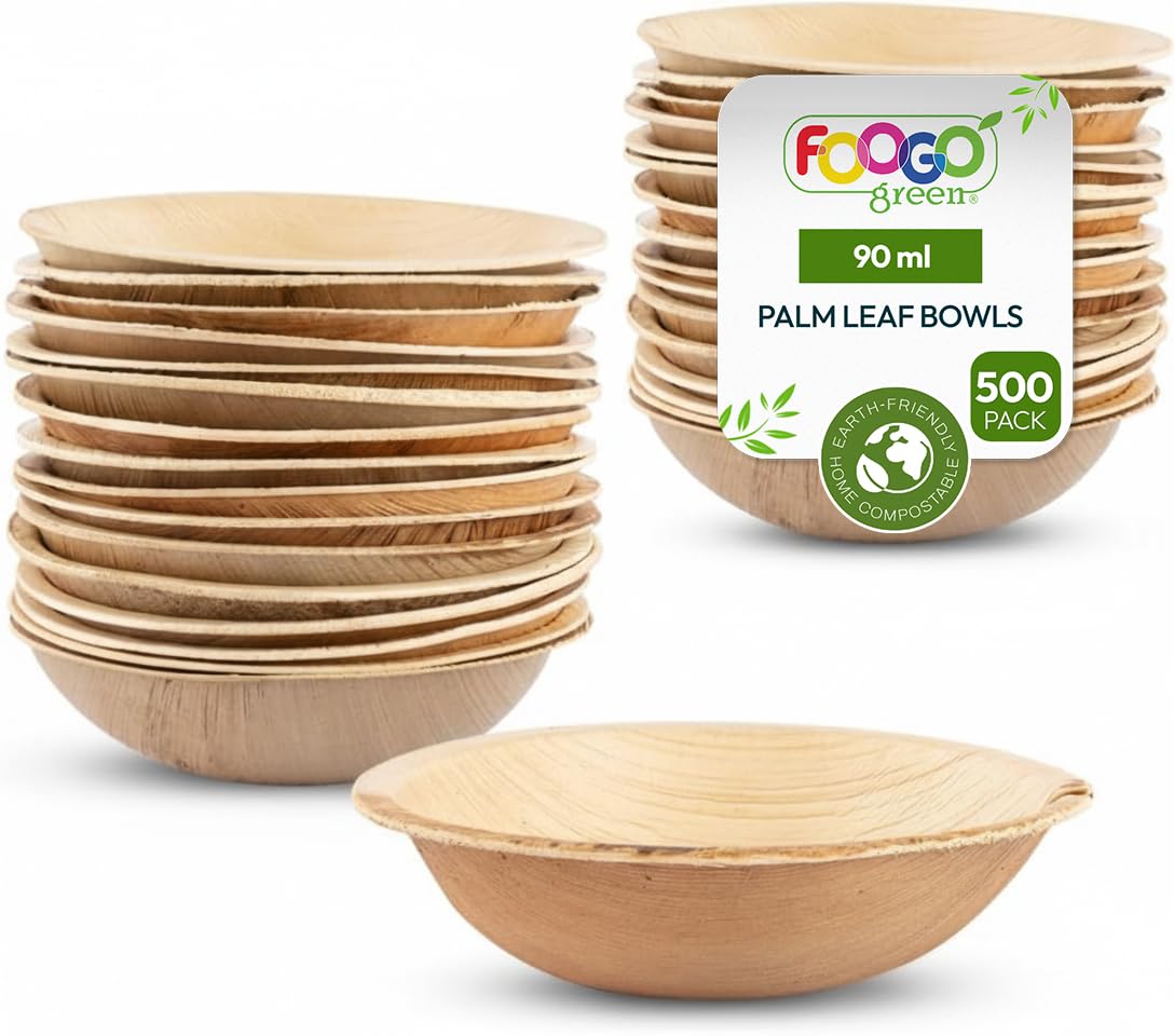 FOOGO Green 500pcs Disposable Palm Leaf Mini Bowls, 4" (10cm) Round, 90ml (3oz), Mini Ketchup Pots, Sauces & Dips, Eco Friendly Home Compostable, Like Wooden, Bamboo and Paper Bowls โ image 1