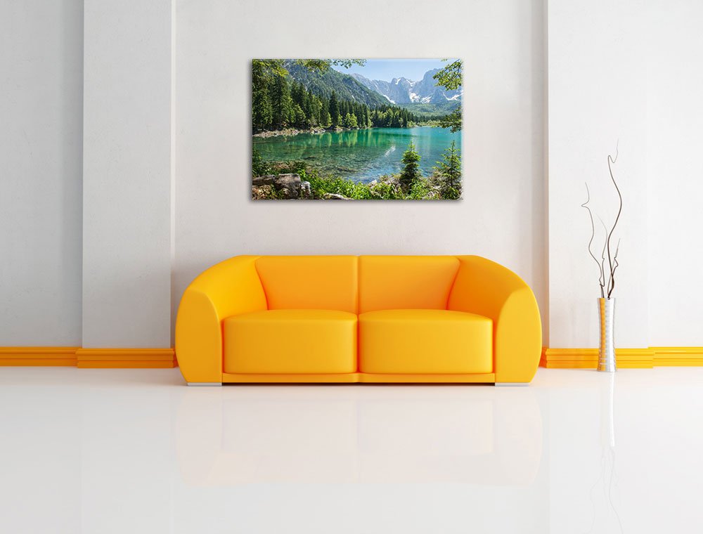 Pixxprint Wunderschöner See im Wald, Größe: 120x80cm, Leinwandbild, fertig gespannt, Wandbild, Dekoration, Kunstdruck, kein Poster