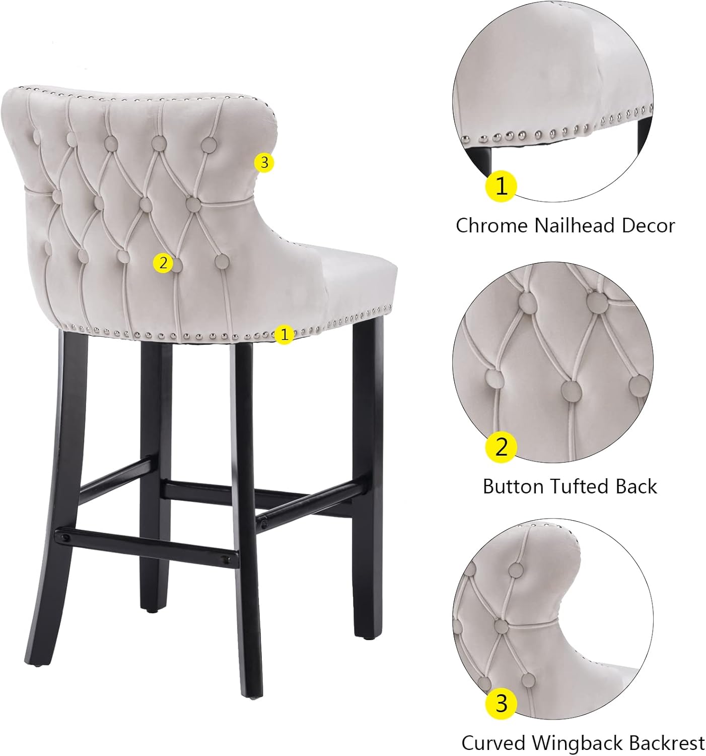 mikibama Velvet Wingback Bar Stools Set of 2, Upholstered Button Tufted Counter Height Bar Stool Chairs with Solid Wood Legs Kitchen Island Padded Barstools with Nailhead Trim (Beige)