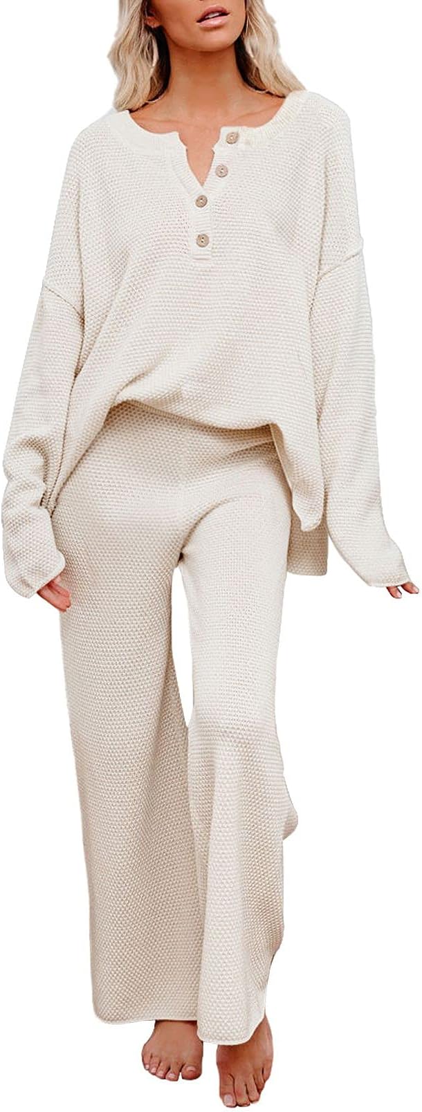 Women's 2 Piece Fall Outfit Lounge Set Long Sleeve Button Pullover Sweater Matching Wide Leg Pants Knit Sweatsuit
