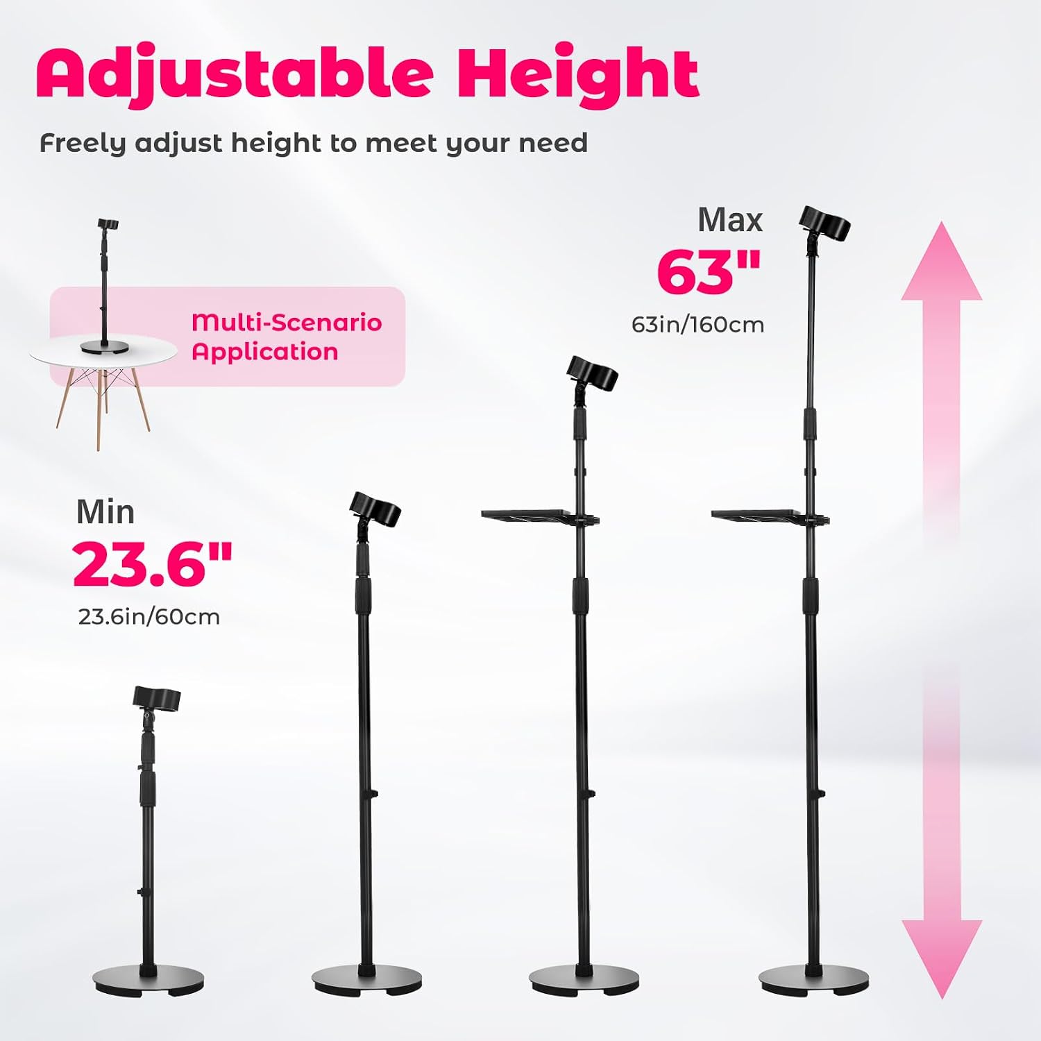 Hands-Free Hair Dryer Stand Holder with Strong Suction Base-63in/160cm Height Adjustable Floor Blower Stand Holder, 180 Degrees Rotatable Larger Clamp Countertop Blow Dryer Stand for Salons or Home Use