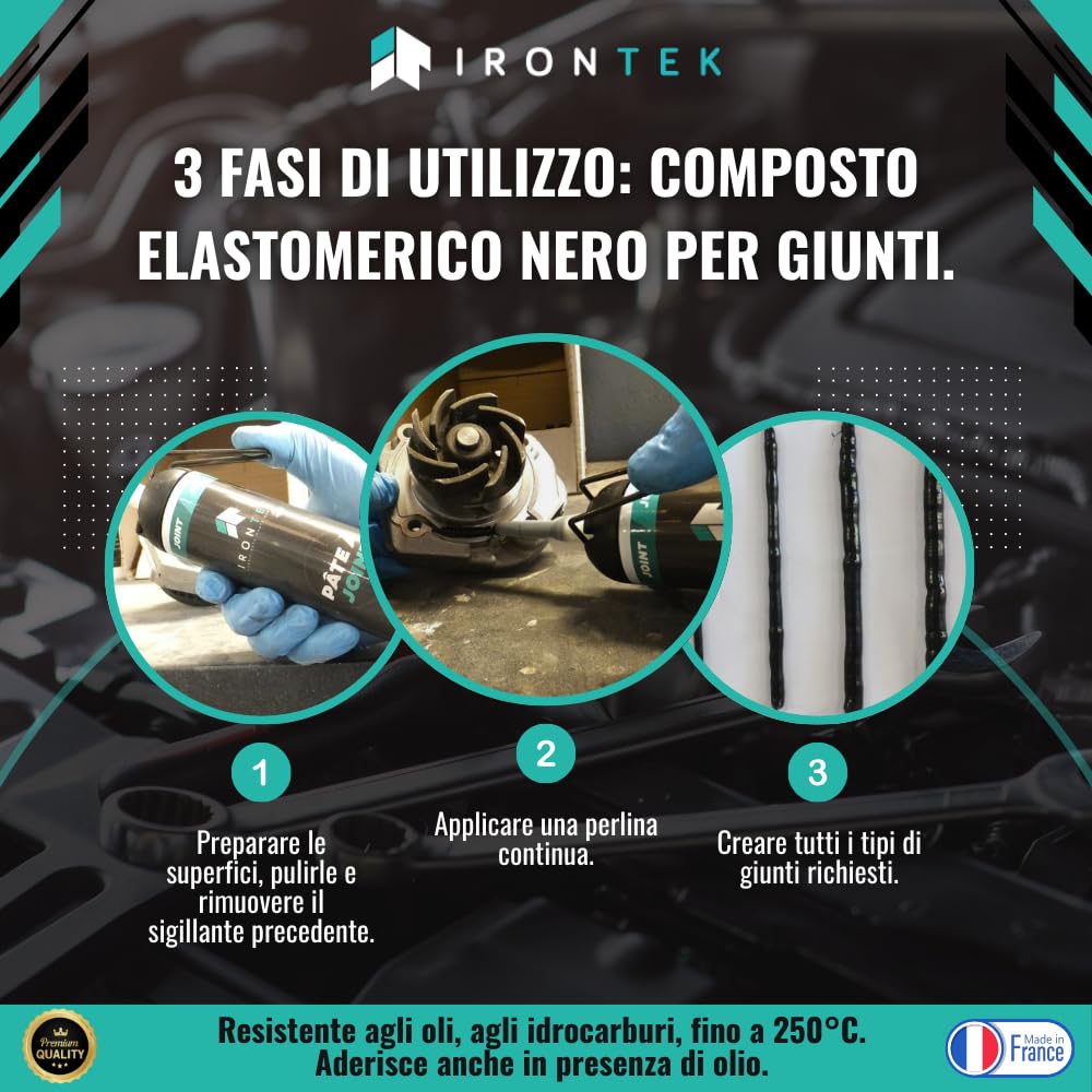 IRONTEK Pasta Sigillante Motore Nera 200ml IT112 | -50°C +250°C | Resistente a Olio e Carburanti | Carter Pompa Testata | Elastomerica