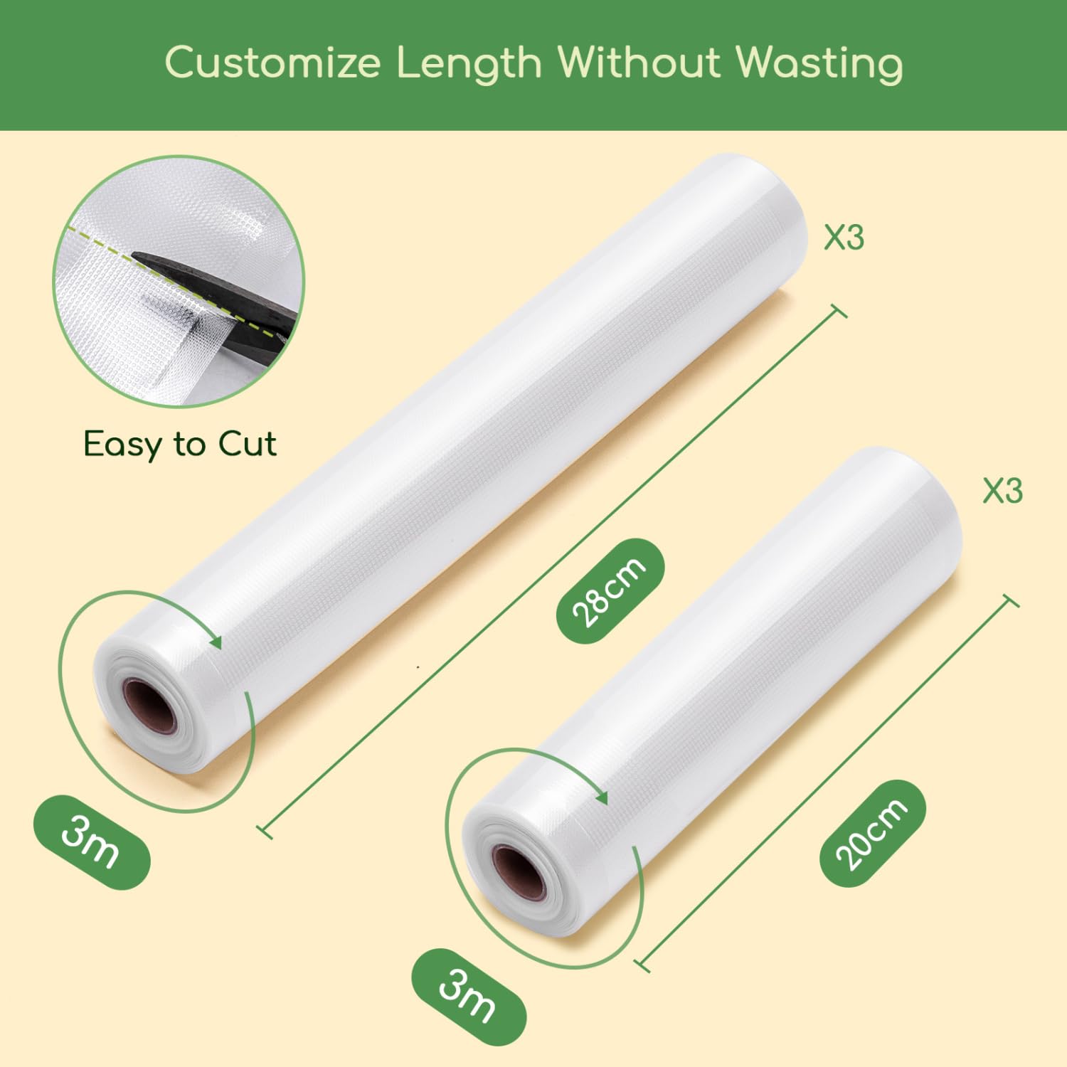 Aigostar - Rollos de Bolsas para Envasar al Vacío. Pack de 6 Rollos de 20x300 cm y 28x300 cm, Sin BPA. Bolsas de Envasado al Vacío para Alimentos, Resistentes. Aptas para Máquinas de Envasado al Vacío
