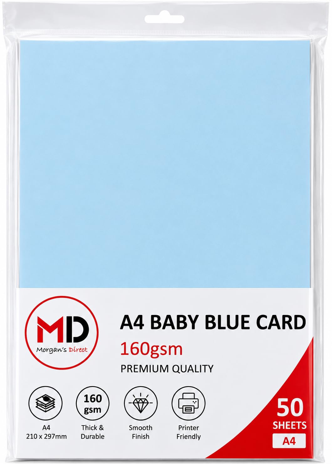 Morgan's Direct A4 Baby Blue Card 160gsm – Pack of 50 Sheets | Premium Paper for Printing, Arts & Crafts, Card Making, School, Office, Invitations, Posters & DIY Projects