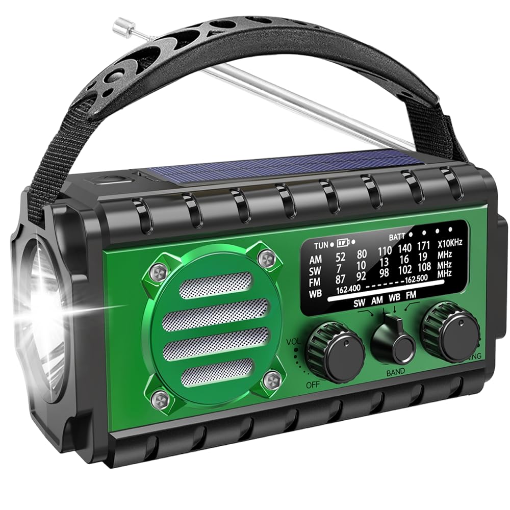 Radio de Emergencia Portátil 20000 mAh Radio Am/FM con Linterna y luz de Lectura Función de Alarma SOS Compatible con Carga Solar y manivela Carga de Emergencia para teléfonos Inteligentes (Verde)