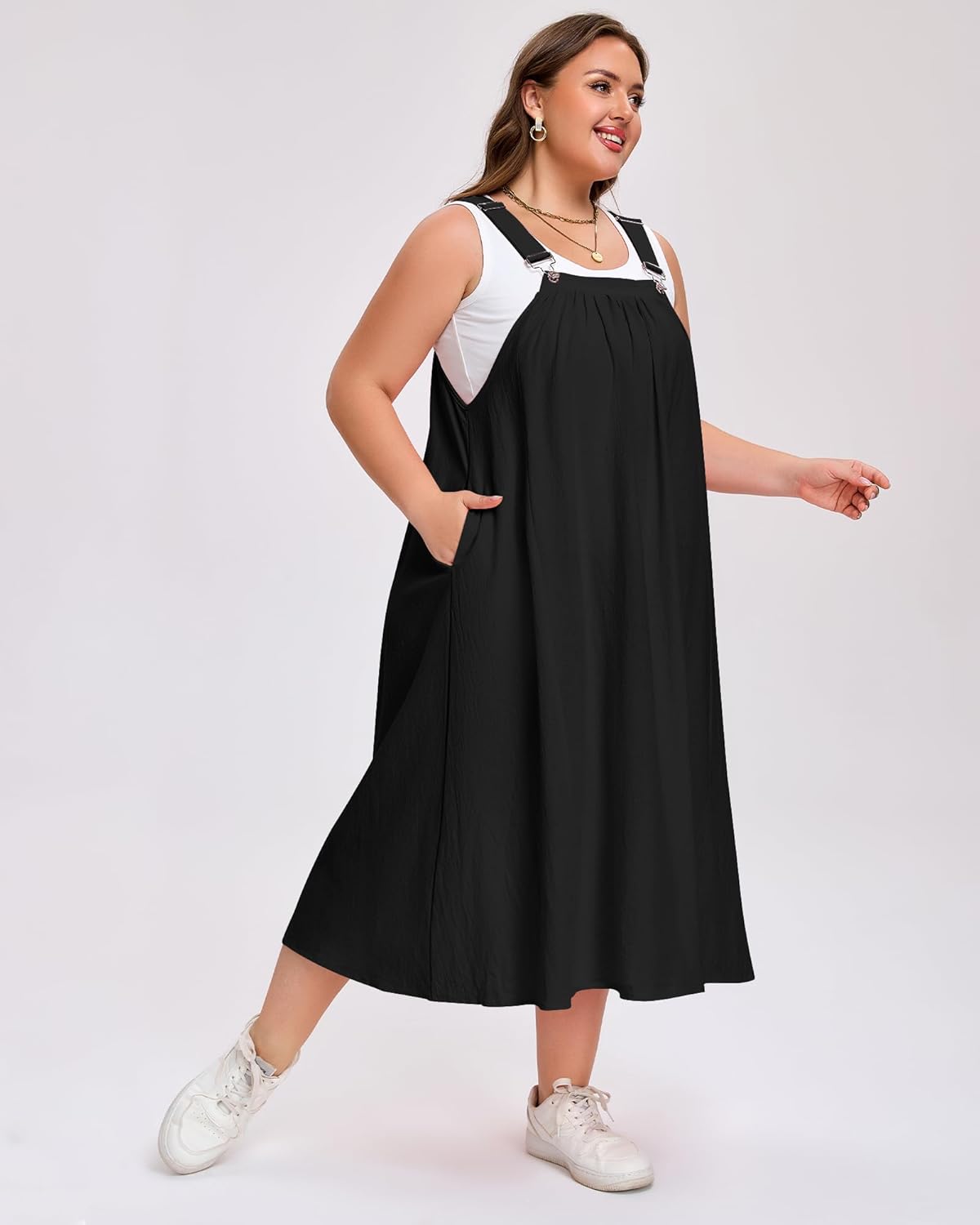 Moon Wood Plus Size Cotton Overall Dress for Women Adjustable Strap Jumper Dress with Pockets Casual A-Line Maxi Dress - Image 4