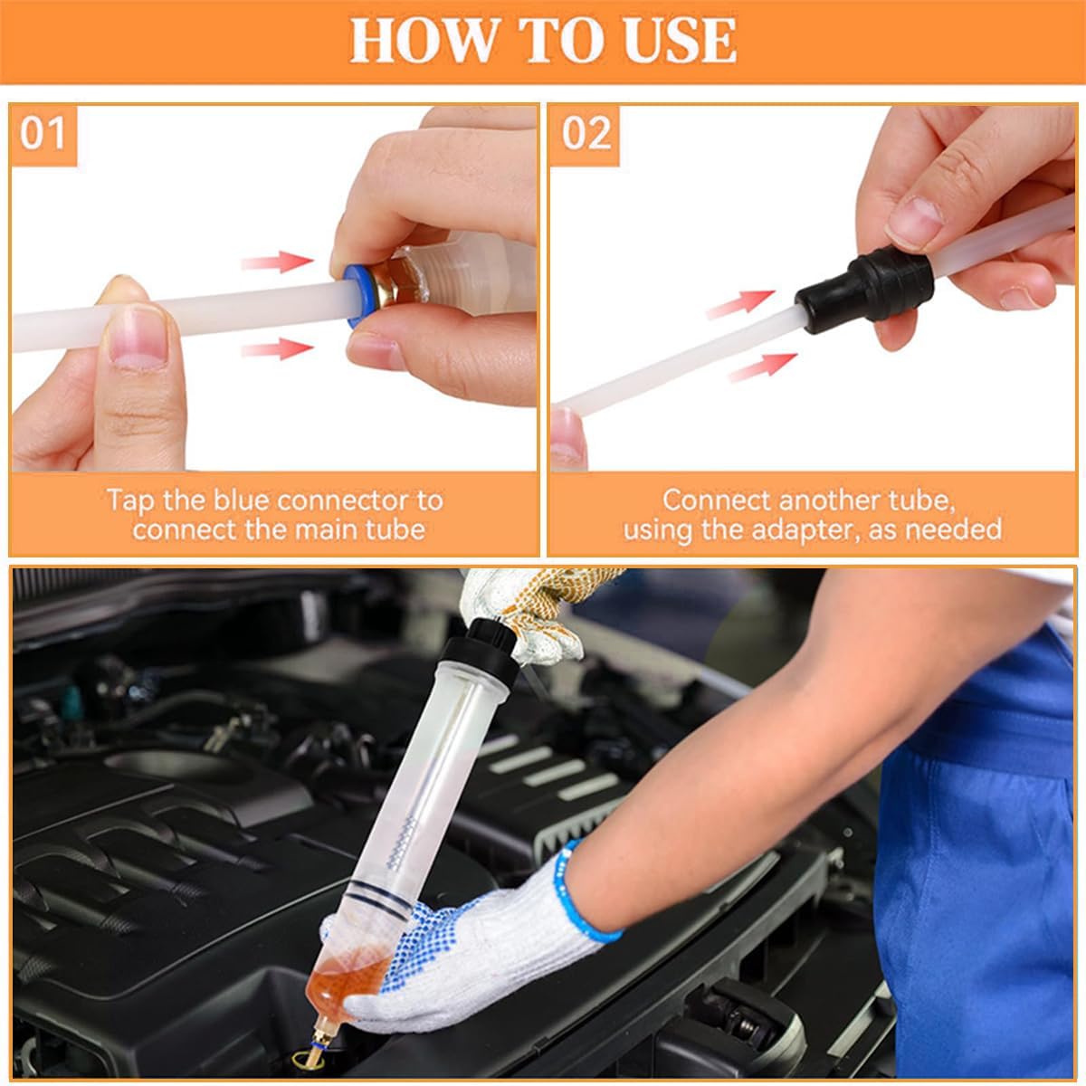 Car Fluid Extractor Pump, Vehicle Oil Change Syringe Evacuator with Hose, Manual Automotive Fuel Suction Filler Extraction Transfer Accessories, Universal for SUV, Sedan, Truck(Orange)