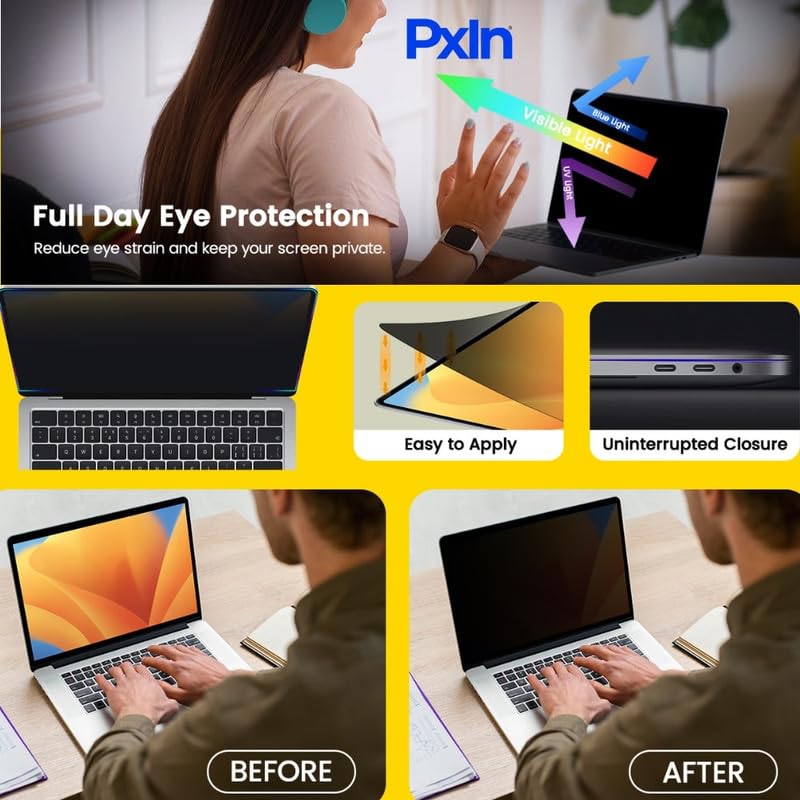 Image of Pxin Privacy Screen Filter for 13.6 Inch MacBook Air | Anti Glare | Adv. Privacy | Blue Light Filter | UV Protection Laptop Screen with Privacy